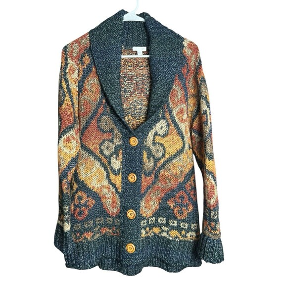 J. Jill Wool Blend Long Cardigan‎ Sweater Shawl Collar Southwest Blue Orange XS - Picture 1 of 12